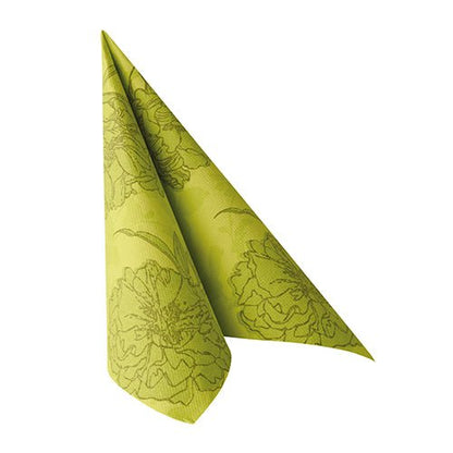 The green PAPSTAR napkin "ROYAL Collection" in a pack of 50 (40 x 40 cm, 1/4-fold) from PAPSTAR GmbH stands upright and tapered against a plain white background with a black floral pattern.