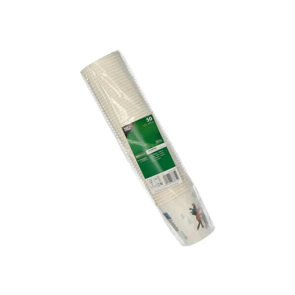 Ein kunststoffverpackter Stapel von 50 weißen PAPSTAR 0,2l Einweg-Pappbechern der PAPSTAR GmbH, teilweise mit kleinem Aufdruck - ideal als praktische Partybecher oder für Veranstaltungen.