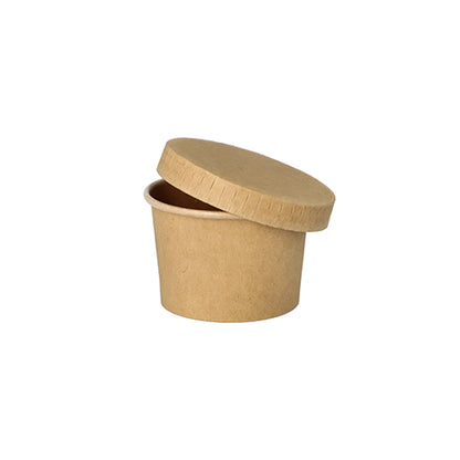 The PAPSTAR 50 portion cup made of brown cardboard from PAPSTAR GmbH with a matching lid, partially open and placed at an angle, presented against a white background – perfect as an environmentally friendly portion cup in gastronomy.