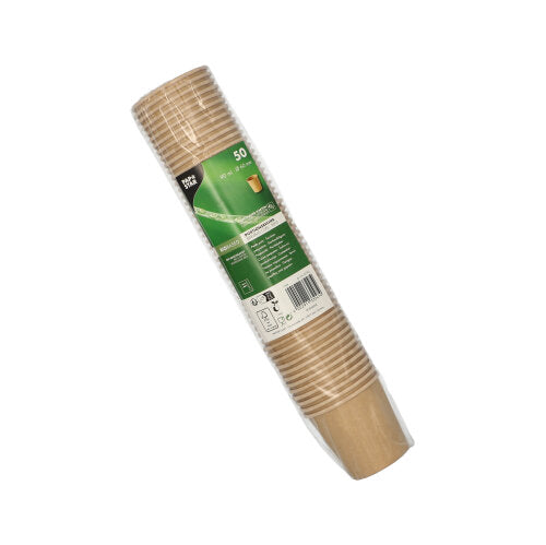 A plastic-wrapped pack of 50 PAPSTAR portion cups made of brown cardboard, recyclable. From PAPSTAR GmbH, with a green-white label including product information and barcode. The stacked cups are ideal for catering applications.