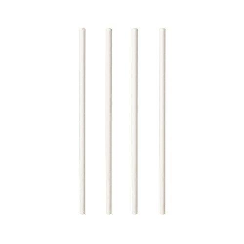 Four white PAPSTAR shake straws paper "pure" (Ø 8 mm, 25 cm) from PAPSTAR GmbH are neatly arranged in a row - sustainable, eco-friendly straws (100 pieces), ideal for any drink.