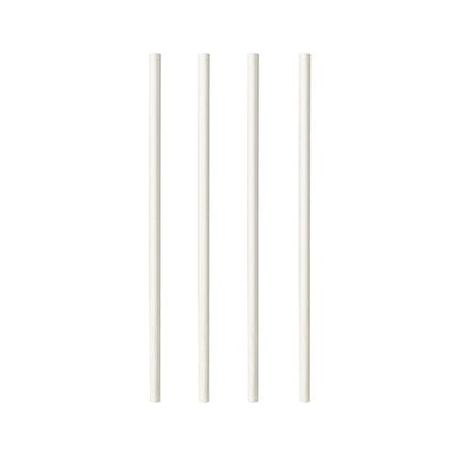 Four white PAPSTAR shake straws paper "pure" (Ø 8 mm, 25 cm) from PAPSTAR GmbH are neatly arranged in a row - sustainable, eco-friendly straws (100 pieces), ideal for any drink.