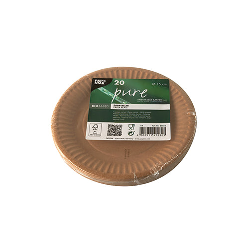 A pack of 20 round "pure" cardboard plates by PAPSTAR GmbH, made from sustainable materials, packaged in transparent plastic with branding and QR code – perfect for daily use.