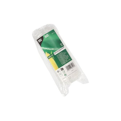 A transparent plastic package containing 50 PAPSTAR Lids for single-serving cups (Ø 6 cm, PLA "pure"), featuring a green-and-white label with product details, recycling symbols, and information about biodegradable lids. Brand: PAPSTAR GmbH.
