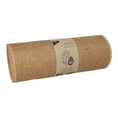 Das PAPSTAR Dekoband Jute 10 m natur auf Rolle der PAPSTAR GmbH besteht aus naturbrauner Jute mit Gittermuster, umwickelt mit einem Papieretikett mit schwarzer botanischer Illustration – ideal für kreative Projekte oder natürliche Dekoration.