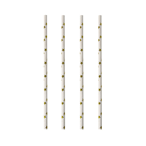 Four PAPSTAR paper straws (black/white "Stripes", Ø 6 mm, 20 cm) are arranged vertically and evenly on a white background. The eco-friendly straws from PAPSTAR GmbH are biodegradable.