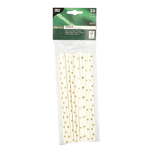 A clear packaging contains 25 PAPSTAR paper straws (black/white "Stripes", Ø 6 mm, 20 cm) from PAPSTAR GmbH. The label emphasizes the eco-friendliness and biodegradable nature of the material.