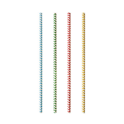 Four black-and-white striped paper straws PAPSTAR 25 (Ø 6 mm, 20 cm) from PAPSTAR GmbH are arranged vertically in a row on a white background.