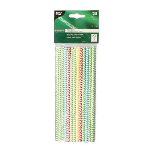 A pack of 25 PAPSTAR paper straws (Ø 6 mm, 20 cm) in black-and-white stripes, vertically arranged in a clear plastic sleeve with a green label from PAPSTAR GmbH with product details.