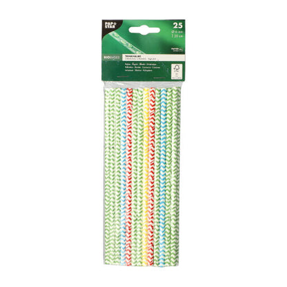 A pack of 25 PAPSTAR paper straws (Ø 6 mm, 20 cm) in black-and-white stripes, vertically arranged in a clear plastic sleeve with a green label from PAPSTAR GmbH with product details.