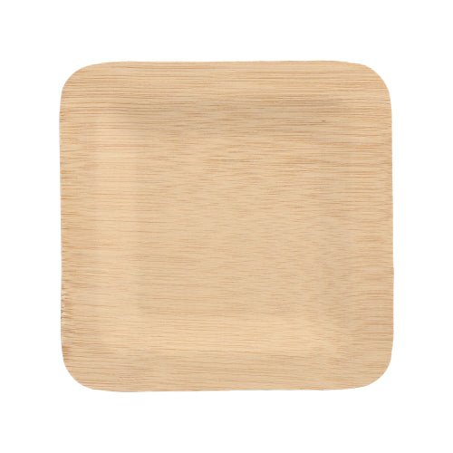 Ein PAPSTAR 10 Teller, Bambus "pure" eckig von der PAPSTAR GmbH, quadratisch und hellbraun mit abgerundeten Ecken, wird auf weißem Hintergrund abgebildet. Er verfügt über eine glatte Oberfläche mit Holzmaserung und ist umweltfreundlich und biologisch abbaubar.