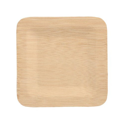 Ein PAPSTAR 10 Teller, Bambus "pure" eckig von der PAPSTAR GmbH, quadratisch und hellbraun mit abgerundeten Ecken, wird auf weißem Hintergrund abgebildet. Er verfügt über eine glatte Oberfläche mit Holzmaserung und ist umweltfreundlich und biologisch abbaubar.