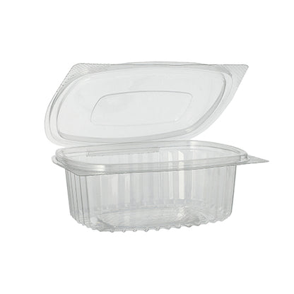 Die Starpak 50 Feinkost- und Salatschalen mit Klappdeckel sind durchsichtige, ovale Clamshell-Behälter aus R-PET mit Scharnierdeckel, ideal für die umweltfreundliche Verpackung von Feinkost, Salaten oder Gebäck.