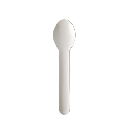 A PAPSTAR coffee spoon made of paper "pure" (13 cm, white, environmentally friendly) from PAPSTAR GmbH is shown against a white background. The sustainable spoon from the 100-piece folding box is centered and facing upwards.