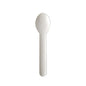 A PAPSTAR coffee spoon made of paper "pure" (13 cm, white, environmentally friendly) from PAPSTAR GmbH is shown against a white background. The sustainable spoon from the 100-piece folding box is centered and facing upwards.