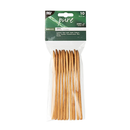 A bag with 10 PAPSTAR bamboo spoons "pure", each 16.5 cm, environmentally friendly and sturdy, in light brown with a green-white label from PAPSTAR GmbH.