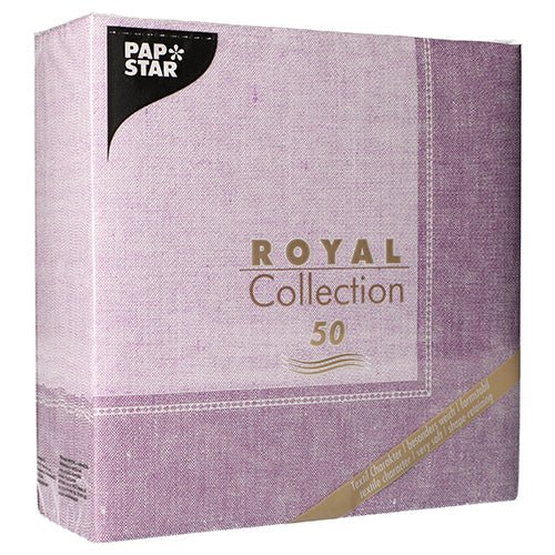 One package PAPSTAR 50 "ROYAL Collection" napkins, 1/4-fold, 40 x 40 cm, in fuchsia. The front features the brand name and the collection name of the PAPSTAR The image shows a GmbH, indicating that it contains 50 napkins.