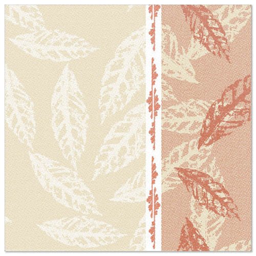 A square pattern in light beige and rust with a leaf motif and a vertical white stripe - ideal for PAPSTAR GmbH 50 napkins "ROYAL Collection" 1/4-fold 40 x 40 cm red.