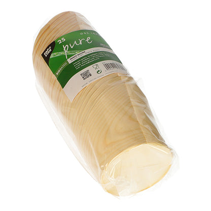A stack of round, light PAPSTAR "pure" snack cups made of wood (Ø 8.2 cm), packaged in clear plastic with a green-white label, with 25 pieces; eco-friendly, disposable and biodegradable by PAPSTAR GmbH.