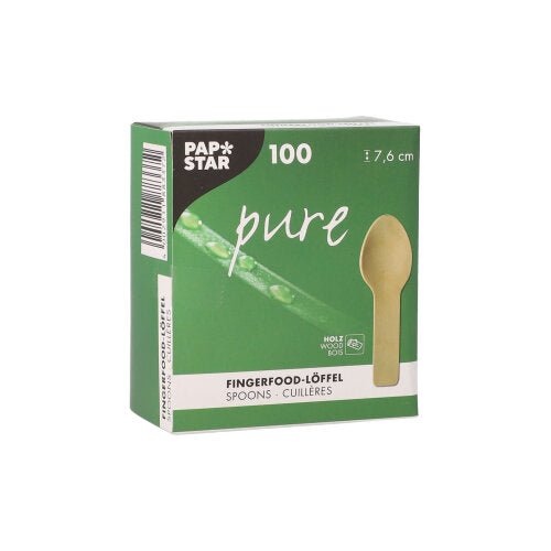 Eine grüne Box der PAPSTAR GmbH mit der Aufschrift "Holz-Löffel pure" enthält 100 Fingerfood-Löffel aus Holz (7,6 cm), ist mit einem Löffelbild und einem mehrsprachigen Text versehen und weist auf diese umweltfreundliche Fingerfood-Lösung hin.