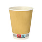 A brown PAPSTAR drinking cup cardboard (Ø 9 cm, 11 cm high) with a white interior and ribbed ripple wall design, labeled with text and no-plastic symbols near the bottom. The brand is PAPSTAR GmbH; the set contains 10 pieces; solid white background.