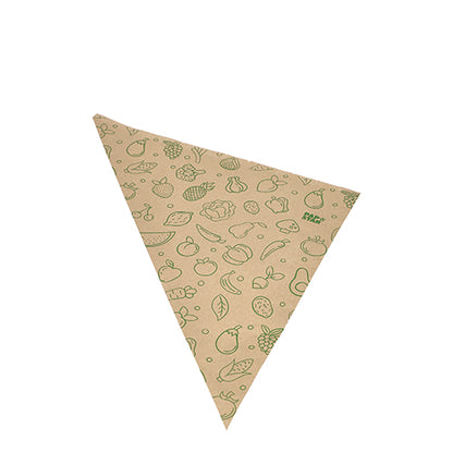 Die PAPSTAR 1000 Spitztüten, Kraftpapier braun „Fruits & Vegs“ der PAPSTAR GmbH sind umweltfreundliche, braune dreieckige Papierservietten mit grün umrandeten Obst- und Gemüseillustrationen.