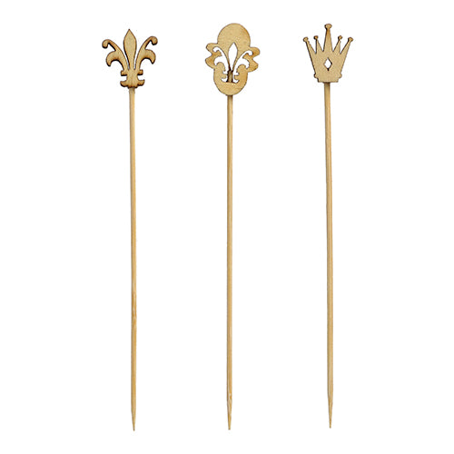 Die PAPSTAR 100 Fingerfood-Picker „pure“ von PAPSTAR GmbH sind hell, aus hochwertigem Kunststoff gefertigt, spitz zulaufend und ideal für Partys oder Events – dekorativ mit Fleur-de-Lis, Schild und Krone verziert.