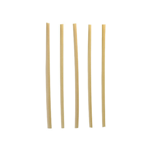 Five straight, uncooked bucatini noodles stand upright and evenly spaced on a plain white background, similar to the PAPSTAR GmbH cocktail straws "pure" 4 mm x 15 cm environmentally friendly from the dispenser box (250 pieces) laid side by side.