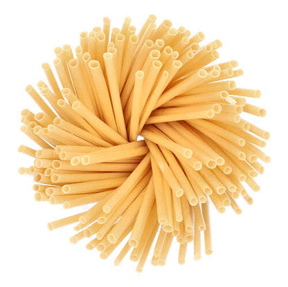 A bundle of uncooked tubular pasta in a circular, spiral arrangement on a white background, similar to the cocktail straws "pure" (Ø 4 mm, 15 cm, environmentally friendly) from PAPSTAR GmbH - dispenser box with 250 pieces.