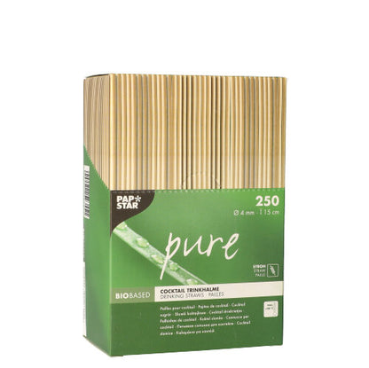 The PAPSTAR cocktail straws "pure" - 250 environmentally friendly straws (Ø 4 mm, 15 cm) from PAPSTAR GmbH - are delivered in a dispenser box with green-beige accents and product information on the front.