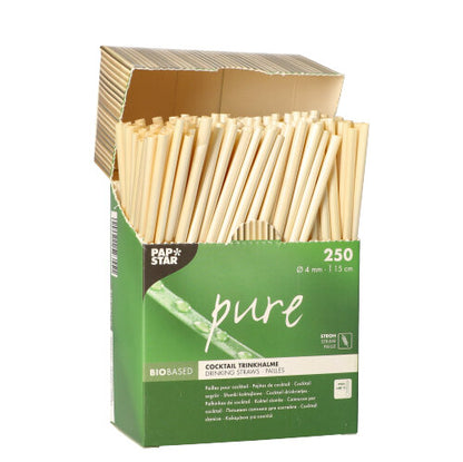 A green-light brown PAPSTAR GmbH box with the inscription "pure" contains 250 environmentally friendly cocktail straws (Ø 4 mm, 15 cm) in the dispenser box, with an open lid and visible straws.