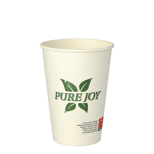 A white PAPSTAR paper cup (0.25 l, Ø 8 cm, 10.8 cm high) with a green leaf motif and the text "Pure Joy" as well as a small symbol and text block at the bottom area. Sold in a pack of 50 by PAPSTAR GmbH.