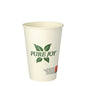 A white PAPSTAR paper cup (0.25 l, Ø 8 cm, 10.8 cm high) with a green leaf motif and the text "Pure Joy" as well as a small symbol and text block at the bottom area. Sold in a pack of 50 by PAPSTAR GmbH.