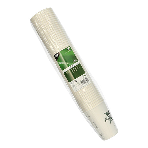 A pack of 50 white PAPSTAR Pure Joy paper cups (Ø 8 cm, 10.8 cm high) from PAPSTAR GmbH, packaged in clear plastic with a green-white label featuring product information and branding.