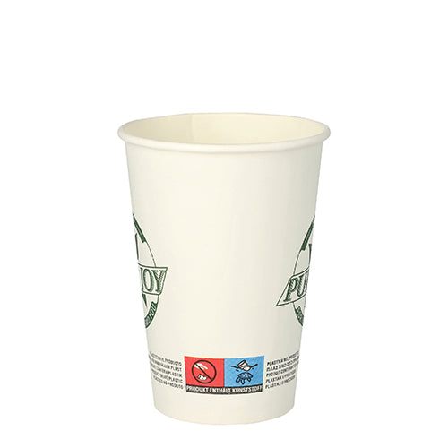 A white PAPSTAR "Pure Joy" disposable cup (Ø 8 cm, 10.8 cm high) with green text/logo and small red and blue pictograms near the bottom is depicted on a solid white background. Pack of 50 pieces from PAPSTAR GmbH.