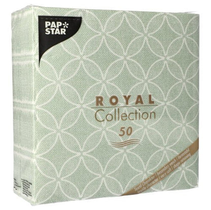 A pack of 50 PAPSTAR napkins "ROYAL Collection" 1/4-fold, 40 x 40 cm, green from PAPSTAR GmbH, with a white geometric pattern and gold and white lettering on the front.