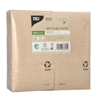A pack of 100 PAPSTAR GmbH napkins, 3-ply, 33x33 cm, natural, made from recycled paper in foil. Biobased and environmentally friendly with multilingual product information and recycling symbols on the packaging.
