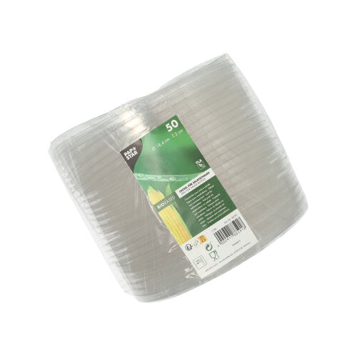 A pack of 50 transparent, round salad bowl lids made of PLA from PAPSTAR GmbH (2 cm high), ideal for keeping salads fresh and perfectly fitting transparent plastic plates.
