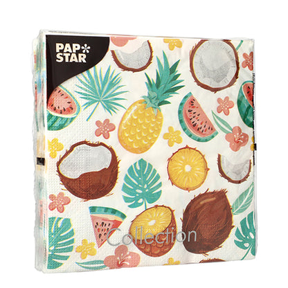PAPSTAR GmbH 20 Servietten, 33x33 cm, 3-lagig, Design Set 5: Bunte tropische Motive mit Ananas, Kokosnüssen, Wassermelone, Blumen und grünen Blättern auf weißem Hintergrund.