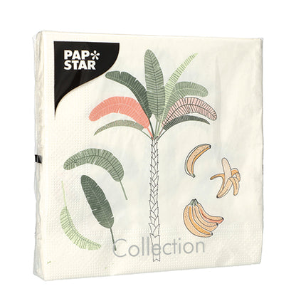 Die PAPSTAR GmbH 20 Serviettenpackung (33x33 cm, 3-lagig, 1/4-Falz, Design Set 2) zeigt ein schlichtes Design mit einer Palme und Bananenstauden mit grünen und rosa Blättern.