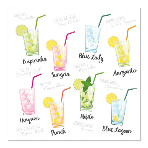 Illustration von neun beschrifteten Cocktails in Gläsern mit Garnituren und Strohhalmen, gesetzt gegen PAPSTAR GmbH 20 Servietten, 33 cm x 33 cm, 3lagig 1/4-Falz Design Set 5-perfekt für stilvolle Cocktailpartys.