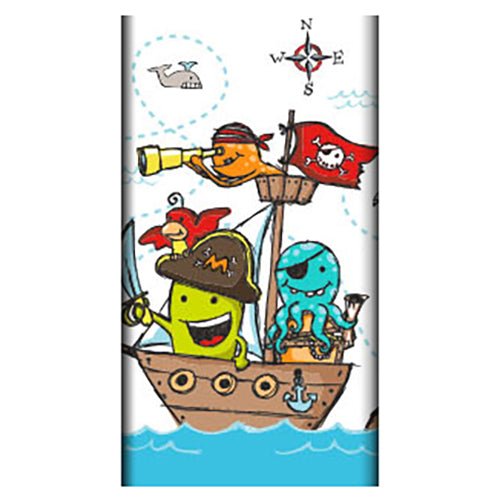 Cartoon pirate ship with cheerful sea creatures, including a yellow figure, a red bird, and a blue octopus. Features a whale and a compass—ideal as PAPSTAR Tablecloth, paper (120 x 180 cm) from the PAPSTAR A company specializing in stylish table decorations.
