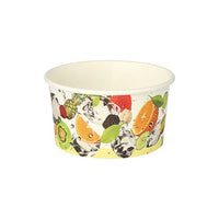 The PAPSTAR 50 round cardboard ice cream cups from PAPSTAR GmbH, is white and features images of fruits such as kiwi, orange, strawberry, pineapple, and blackberry with water droplets—perfect for serving ice cream.