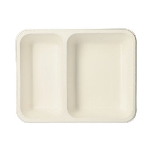 The PAPSTAR 125 sealed trays made from biodegradable sugarcane are rectangular, beige, and 2-part – ideal for sustainable serving solutions. Manufactured by PAPSTAR GmbH, perfectly presentable against a neutral white background.