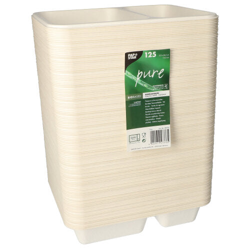 A stack of cream-colored, rectangular 2-part disposable trays made from sugarcane by PAPSTAR GmbH, featuring a green-white label with the brand “PAPSTAR 125 sealed trays, sugarcane 2-part” and a count of 125 trays.