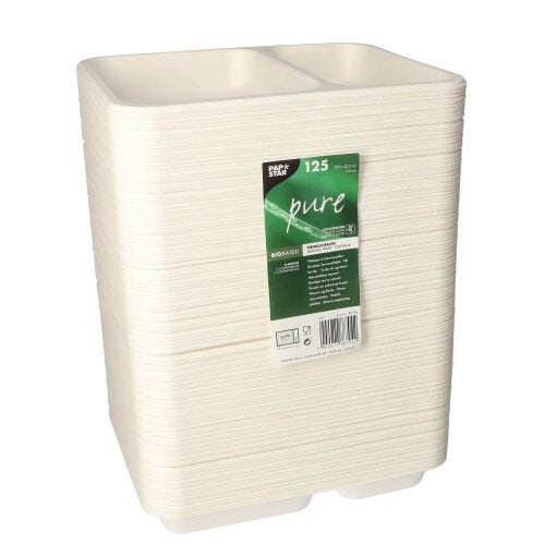 A stack of PAPSTAR 125 sealed trays made from sustainable sugarcane with two compartments is seen vertically. The front green-white label shows the brand PAPSTAR GmbH and 125 biodegradable trays per package.