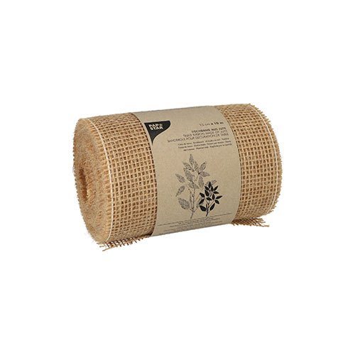 Das Dekoband Jute 10 m natur der PAPSTAR GmbH ist eine naturfarbene Jutebandrolle mit einem braunen Papieretikett mit schwarzem Text und botanischer Kunst. Die aufrechte Rolle ist ideal für natürliche Dekoration und liegt auf weißem Hintergrund.