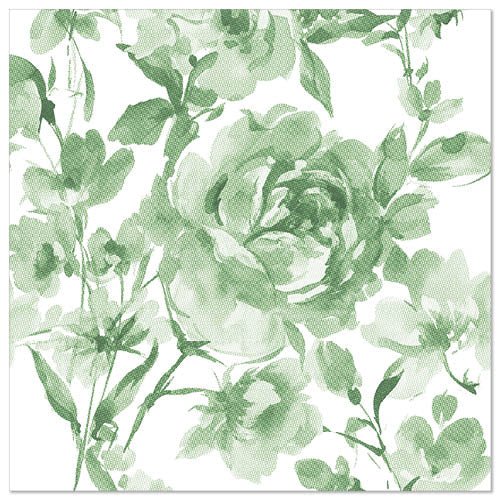 A square canvas shows green floral art in watercolor style with roses and leaves, inspired by the 50 napkins "ROYAL Collection" 1/4-fold 40 x 40 cm green from PAPSTAR GmbH, against a white background.