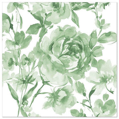 A square canvas shows green floral art in watercolor style with roses and leaves, inspired by the 50 napkins "ROYAL Collection" 1/4-fold 40 x 40 cm green from PAPSTAR GmbH, against a white background.