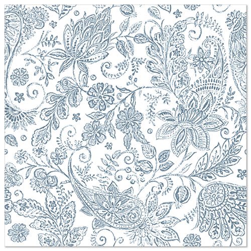 Weißer quadratischer Hintergrund mit einem dichten, filigranen blauen Blumen-Paisleymuster - ideal für PAPSTAR 50 Servietten "ROYAL Collection" 1/4-Falz 40 x 40 cm blau von PAPSTAR GmbH.